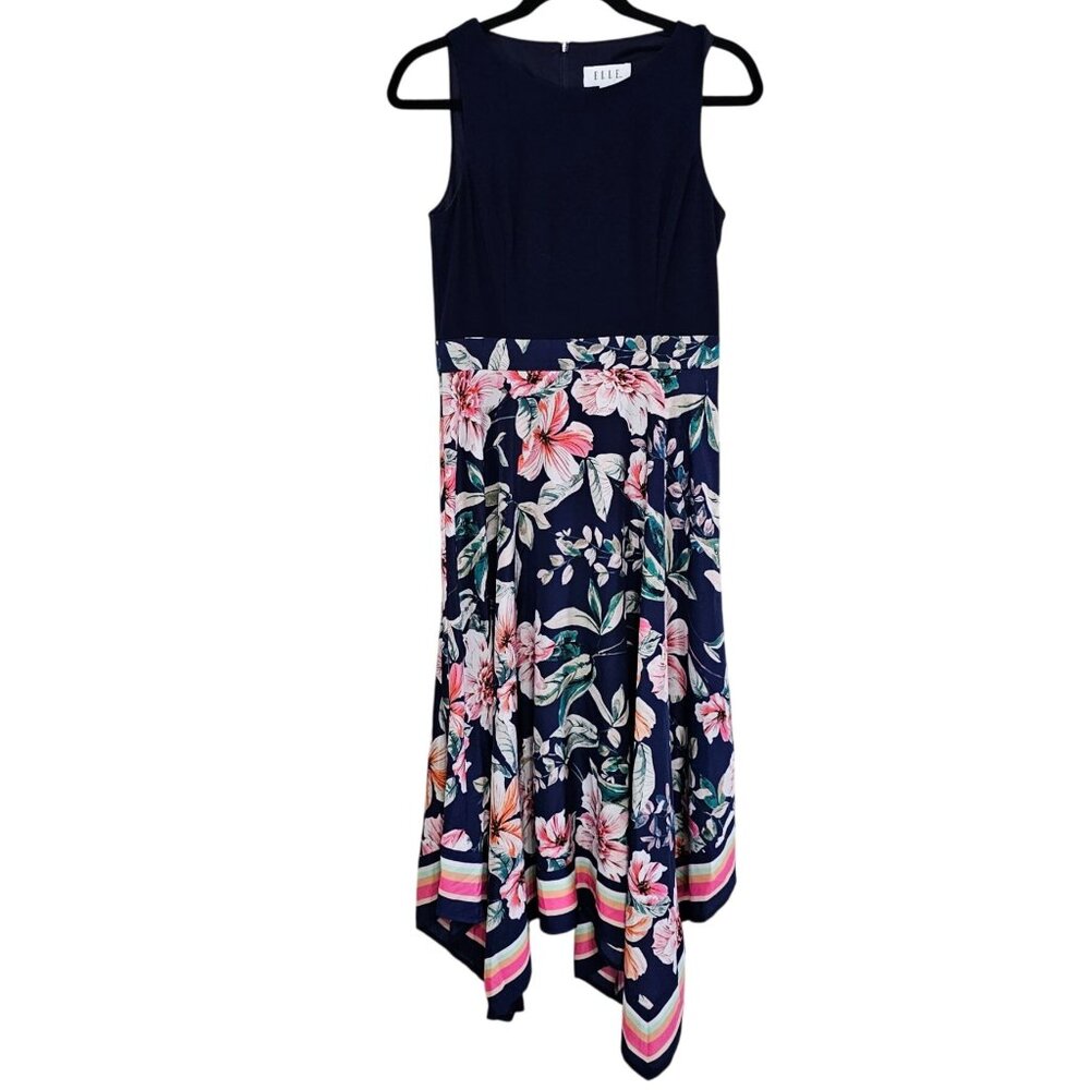 Elle Womens Sleeveless Floral Handkerchief Hem Midi Dress Size Small Navy
